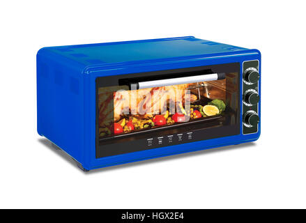 Blu forno a microonde su sfondo bianco Foto Stock