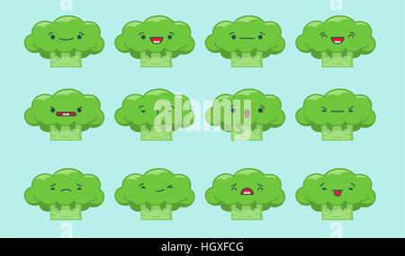 Set di vettore kawaii broccoli emoticon. Isolato su fondo azzurro. Illustrazione Vettoriale