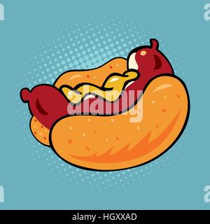 Hot Dog fast food vector pop art in stile retrò. Ristoranti e cucina di strada. Salsiccia in il panino con mostarda. Menu in stile fumetto Illustrazione Vettoriale