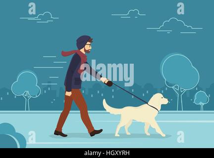 Giovane uomo a camminare all'aperto con il suo cane di sera Illustrazione Vettoriale