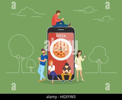 Persone con i gadget utilizzando gli smartphone all'aperto per ordinare la pizza online Illustrazione Vettoriale