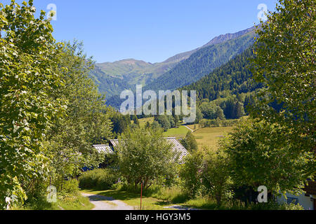 Montagna e alberi a Le Lavancher, comune nei pressi di Chamonix nelle Alpi francesi in Alta Savoia dipartimento di Francia Foto Stock