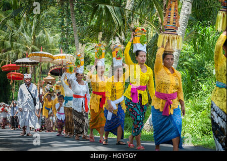 Balinese processione indù. In Bali indù eventi religiosi sono comunemente celebrata da una visita a un tempio con le offerte. Foto Stock