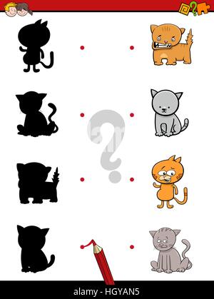 Cartoon illustrazione di trovare l'ombra attività didattica gioco per bambini con gatti caratteri di origine animale Illustrazione Vettoriale