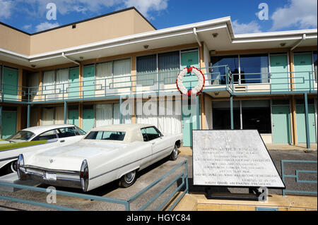 Fuori dalla stanza 306, Lorraine Motel, dove Martin Luther King fu assassinato nel 1968. Memphis, Tennessee Foto Stock