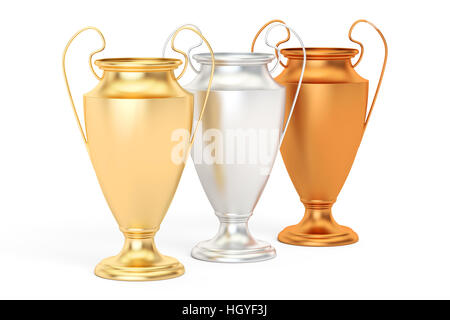 Oro, Argento e bronzo trofeo tazze, 3D rendering isolati su sfondo bianco Foto Stock