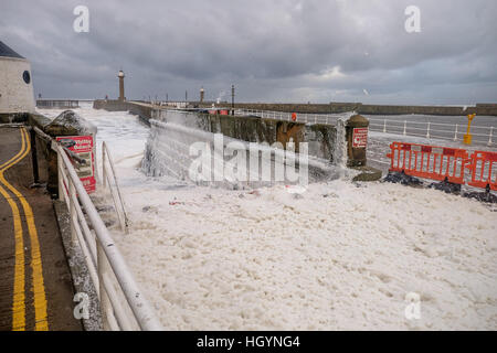 Regno Unito Meteo. Whitby, North Yorkshire, Regno Unito. Il 13 gennaio 2017. Alta venti di nord-est Inghilterra ha causato grandi quantità di schiuma di mare a formare circa la Whitby del porto. Anche se sembra che la neve, ii infatti una schiuma spessa causati dal mare mosso e vento ad alta. Copyright Ian Wray/Alamy Live News Foto Stock