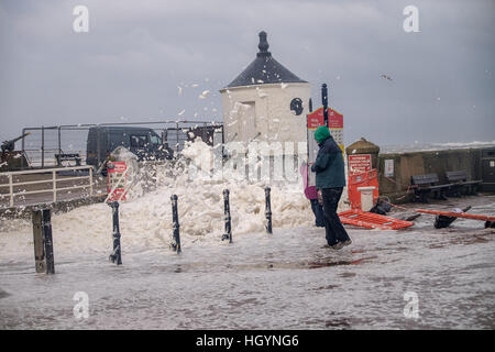 Regno Unito Meteo. Whitby, North Yorkshire, Regno Unito. Il 13 gennaio 2017. Alta venti di nord-est Inghilterra ha causato grandi quantità di schiuma di mare a formare circa la Whitby del porto. Anche se sembra che la neve, ii infatti una schiuma spessa causati dal mare mosso e vento ad alta. Copyright Ian Wray/Alamy Live News Foto Stock