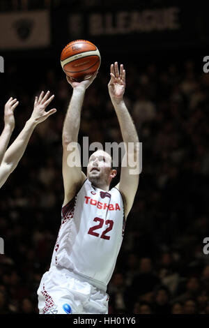 Tokyo, Giappone. 14 gennaio, 2017. Nick Fazekas (Brave Thunders) Basket : Asia Orientale Club Championship 2017 match tra Kawasaki Brave Thunders 83-80 Anyang KGC al 1° Yoyogi palestra a Tokyo in Giappone . Credito: Jun Tsukida AFLO/sport/Alamy Live News Foto Stock