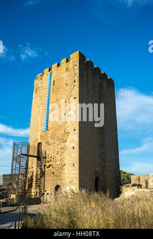 Rovine dell'Omaggio torre del castello di Uncastillo. È una città storica e comune nella provincia di Saragozza, Aragona, orientale della Spagna. Foto Stock