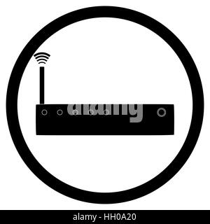 Router icona bianco e nero. Router con antrenna per la rete internet, illustrazione vettoriale Foto Stock