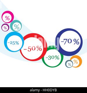 Illustrazione Vettoriale di vari sconti per i mercati e i negozi. Etichetta per il negozio. Vendite stagionali durante l'anno. Illustrazione Vettoriale