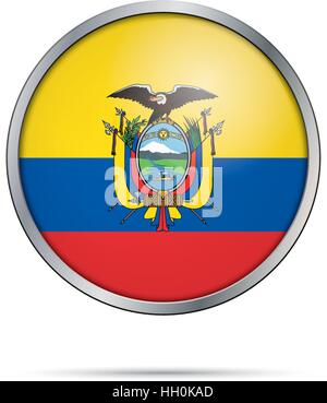 Vettore di bandiera ecuadoriana pulsante. Ecuador bandiera in vetro in stile di pulsante con telaio di metallo. Illustrazione Vettoriale