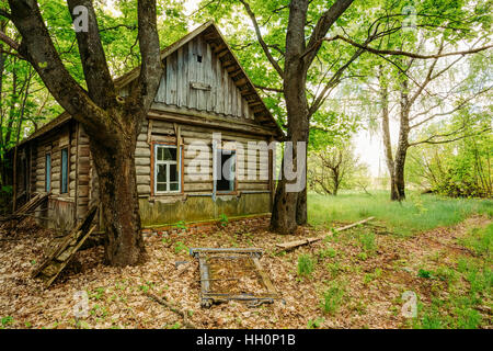 Il deserta in legno paese fortino tra il verde di alberi, abbandonato dopo la catastrofe di Chernobyl circa trenta anni fa. Area di esclusione dopo la centrale nucleare Foto Stock