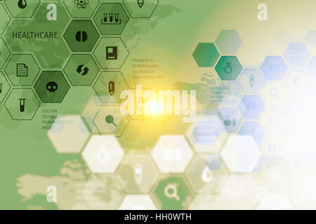 Medicina concettuale immagine di sfondo con media interface e icone Foto Stock
