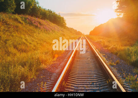 Il paesaggio panoramico con stazione di andare dritto attraverso Estate Prato collinare al tramonto o l'alba in presenza di luce solare. Lente effetto flare. Foto Stock