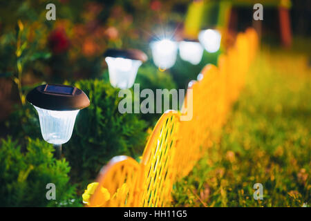 Piccolo decorativi Giardino luce solare, lanterne nel letto di fiori Nel verde fogliame. Garden Design. A energia solare lampada Foto Stock