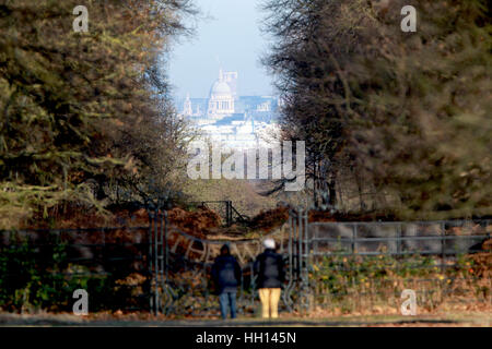 Lo storico vista dal Re Enrico il tumulo situato in Pembroke Lodge Giardini in Richmond Park, Londra. La vista dalla bellezza spot è impostata in modo da essere compromessa da un nuovo grattacielo che è attualmente sotto costruzione e lentamente si uniscono in allo skyline dietro la Cattedrale di St Paul, uno di Londra più maestosi monumenti. Il tumulo è tradizionalmente pensato per essere il luogo dove il re Enrico VIII si fermò il 19 maggio 1536 per guardare un razzo sparato dalla Torre di Londra la segnalazione che sua moglie Anne Boleyn fosse stato eseguito per tradimento, permettendo così a Enrico di sposare la sua terza moglie Lady Jane Seymour. T Foto Stock