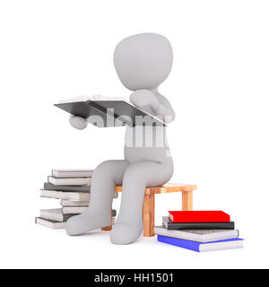 3d toon studente sulla lettura del sedile circondato da pile di libri, sfondo bianco Foto Stock
