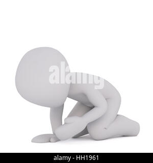 Cartoon senza volto di uomo a terra in ginocchio sul pavimento malati o battuti, 3D render isolato su bianco Foto Stock