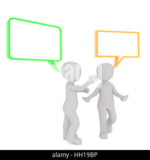 Due cartoon senza volto di uomini con il verde e il giallo palloncini di fumetti una conversazione con gesti, 3D render isolato su bianco Foto Stock