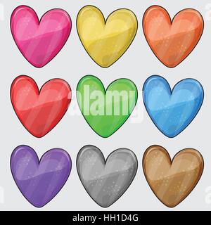 Nove aggrovigliati cuore colore pulsanti web su bianco - Set di vettore Illustrazione Vettoriale