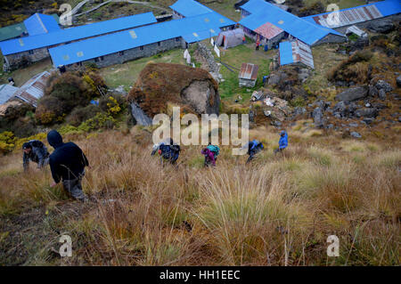 Il Trekking Arrampicate sopra Machhapuchhre Base Camp (MBC) nel Santuario di Annapurna Himalaya,, Nepal, Asia. Foto Stock