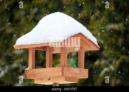 In casa semplice legno Bird Feeder, birdhouse installato su giardino d inverno in giornata nevosa Foto Stock