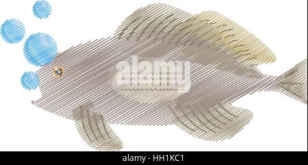 Disegno a mano di pesce cernia vista laterale mare bolle di vita Illustrazione Vettoriale