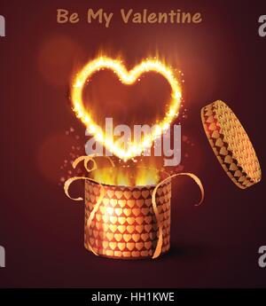Aperto dono-box con cuori blow-up sul buio con fiamma ardente all'interno Illustrazione Vettoriale