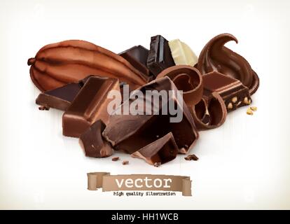 Barrette di cioccolato, caramelle, fette, trucioli e pezzi, illustrazione di vettore isolato su bianco Illustrazione Vettoriale