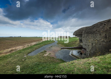 La Normandia la difesa tedesca pistole di artiglieria in Longues-sur-Mer, Francia Foto Stock