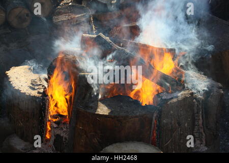 Fiamme da legno che brucia in una fossa di fuoco Foto Stock