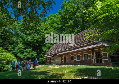 Singolo edificio agriturismo, 1885, dal Komancza, Lemkos gruppo etnico, architettura rurale Museo a Sanok, Malopolska, Polonia Foto Stock