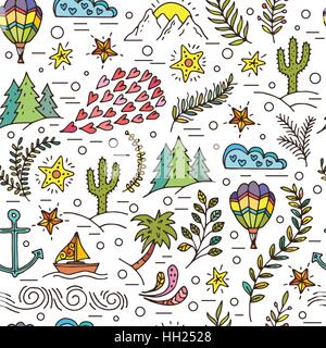 Modello senza cuciture con cactus, palme, ancoraggio della nave Illustrazione Vettoriale