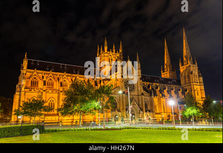 St Mary Cathedral di Sydney di notte - Australia Foto Stock