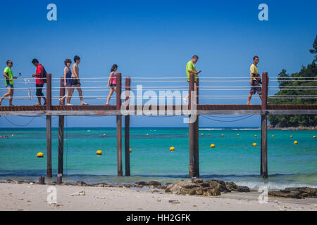 Sapi Island, off Kota Kinabalu, Malaysian Borneo, con i visitatori o i turisti a piedi lungo un marciapiede rialzato Foto Stock