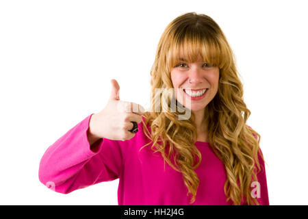 Felice donna bionda dando il pollice in alto Foto Stock