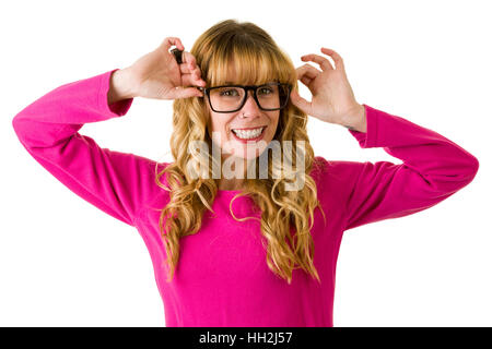 Attraente donna bionda con scuri bordati di bicchieri. Foto Stock