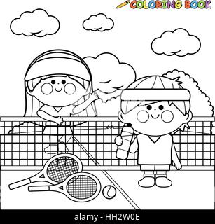 Bambini i giocatori di tennis presso il campo da tennis per una pausa. Libro da colorare pagina. Illustrazione Vettoriale