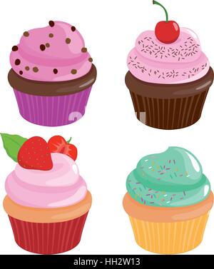 Dolci da forno con spolverette di zucchero e frutta. Collezione di cupcake colorati su sfondo bianco. Pasticcini con panna. Illustrazione vettoriale Illustrazione Vettoriale