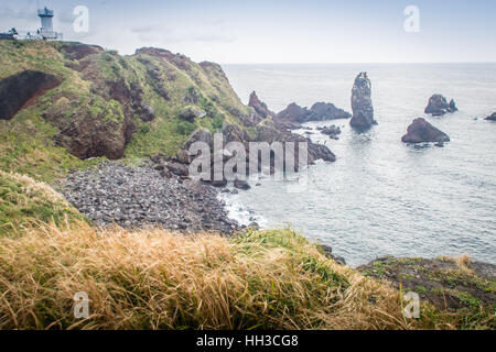 Faro, il bersaglio di treking in Seopjikoji. Si trova alla fine della sponda orientale dell'isola di Jeju, Corea del Sud Foto Stock