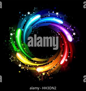 Round iridato banner dipinto di scintille , stelle e vernice brillante su uno sfondo nero . Illustrazione Vettoriale