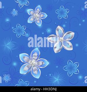 Gioielli, seamless pattern di argento e fiori blu su sfondo blu. Illustrazione Vettoriale