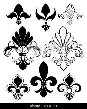 Set di artisticamente dipinte, isolato, nero Fleur de Lis su sfondo bianco Illustrazione Vettoriale