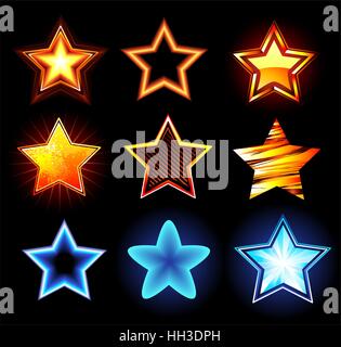 Set di neon incandescente stelle e fuoco su uno sfondo scuro. Illustrazione Vettoriale
