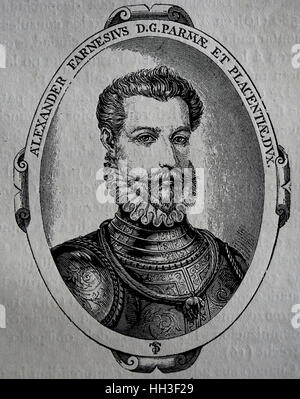 Alessandro Farnese (1545-1592). Il duca di Parma. Governatore dei Paesi Bassi spagnoli, 1578-1592. Ritratto. Incisione, 1884. Foto Stock