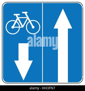 Un modo il traffico su strada a sinistra o a destra segno, biciclette su strada. Guidare in linea retta il traffico freccia illustrazioni vettoriali. Set di freccia segnaletica stradale Illustrazione Vettoriale