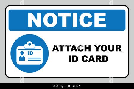 Allega il tuo ID card icona. Informazioni obbligatorio il simbolo nel cerchio blu isolato su bianco. Illustrazione Vettoriale. Etichetta di avviso Illustrazione Vettoriale