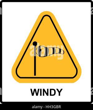 Illustrazione Vettoriale di triangolo segno di traffico per il vento forte. Adesivo di avvertenza per esterni con vento calzini nel triangolo giallo isolato su bianco. Illustrazione Vettoriale